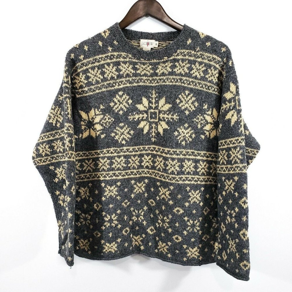 J Crew Men's Vintage Wool Snowflake Sweater Size XS Gray Thick Crew Winter